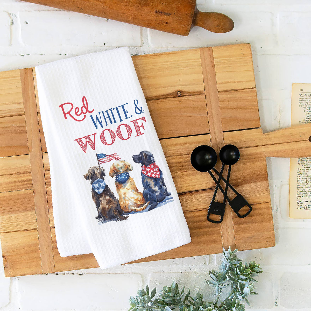 Red White Woof Towel Dog 4th July Decor Patriotic Flag Amer: Transparent Cellophane Sleeve with Hanger Flap