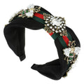 Rhinestone Gem & Pearl Bee Green/Red Knot Stripe Headband: Black