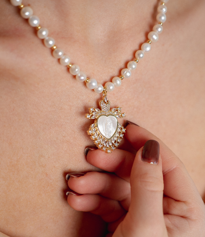 Pearl Rosary Necklace with Mother of Pearl Carved Virgin Mary
