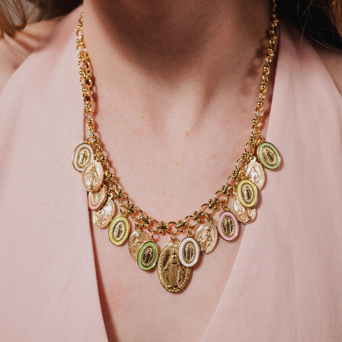 Catholic Jewelry: Elegant Gold Necklace with Virgin Mary Charms